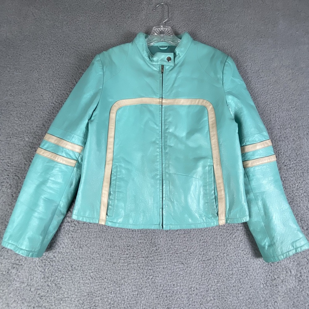VINTAGE Wilsons Leather Maxima Jacket Womens Large Teal Moto Striped Racing 90s